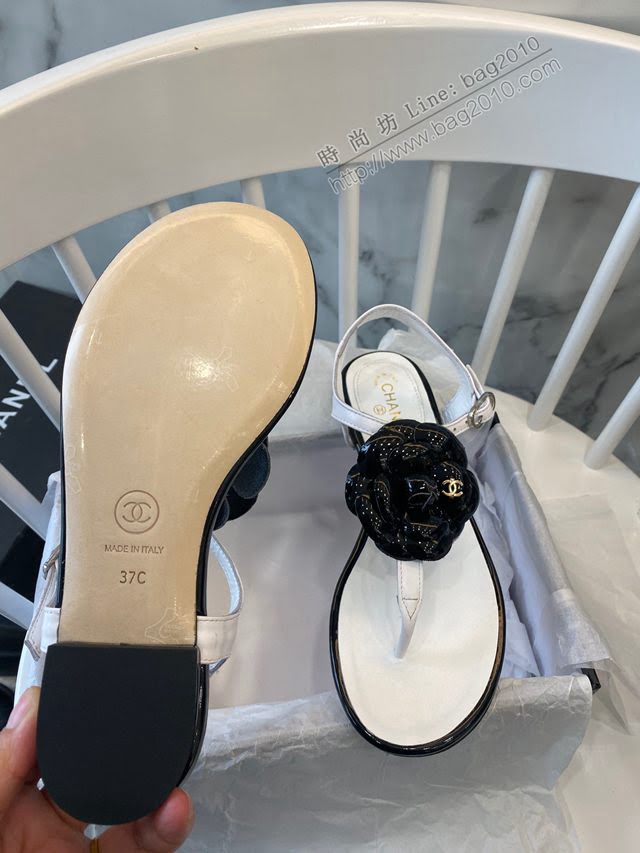 Chanel女鞋 香奈兒經典新款 真皮底 香奈兒羊皮山茶花涼鞋  naq1288